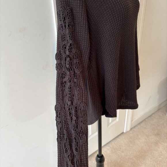 Altar'd State Black Long Sleeve Waffle Knit Flowy top with Crochet Detail Size S - Picture 3 of 9